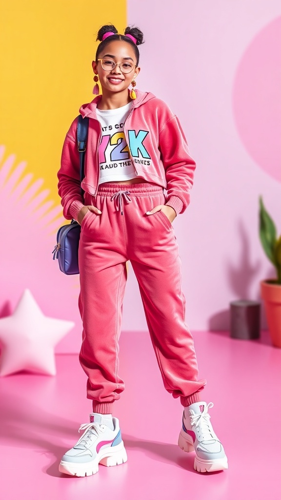 A fashionable Y2K outfit with a velour tracksuit, crop top, and chunky sneakers, accessorized with colorful jewelry.
